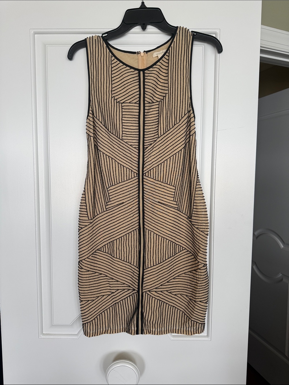 Beige and Black Striped Geometric Mini Dress